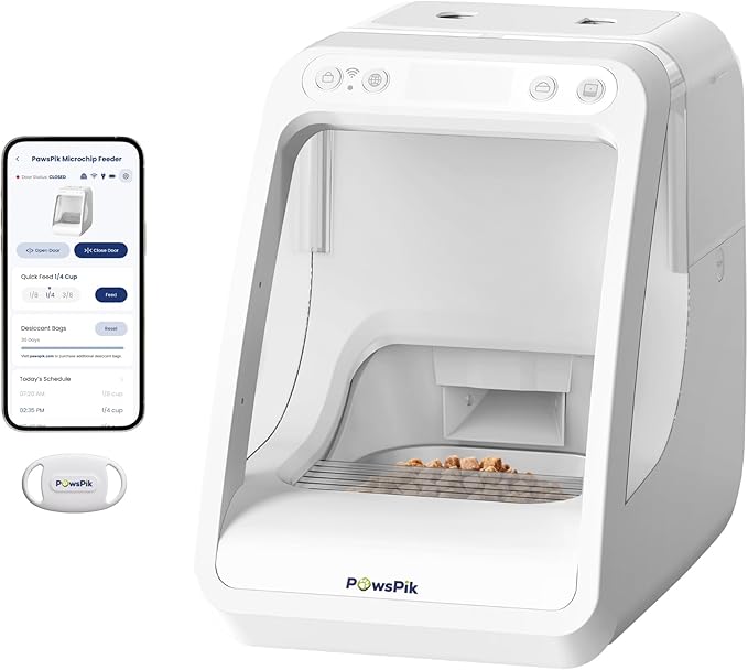 PawsPik Automatic Microchip RFID Cat Feeder,16-Cup, ISO Microchip & PawsPik RFID Tag Compatible, App Control, Portion Control