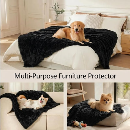 Waterproof Dog Blanket Pet Throw Blankets Fluffy Long Faux Fur Reversible Puppy Blankets 85x57in Furniture Protector Cover for Sofa Bed Couch Bed Cover Washable for Dogs Cats (Black XL)