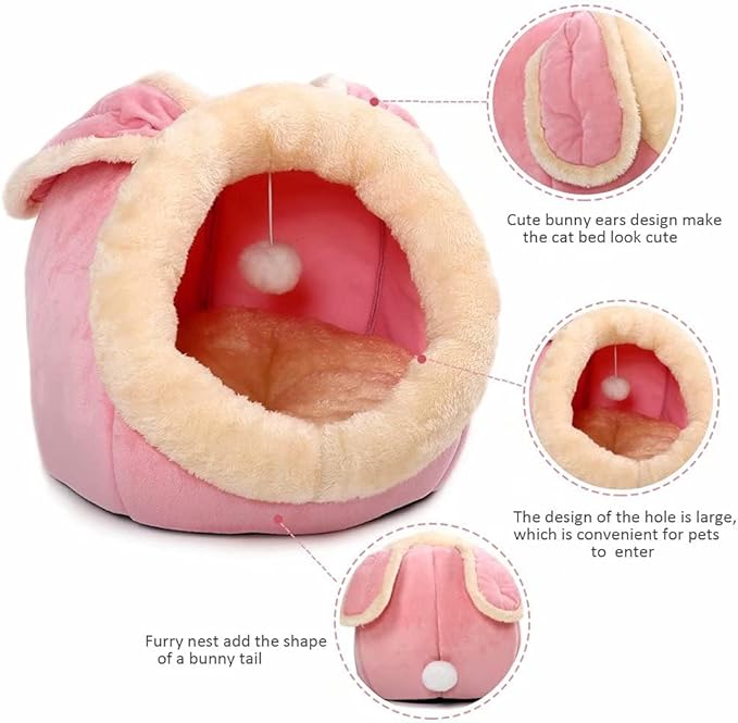 Cat Beds for Indoor Cats - Small Dog Bed with Anti-Slip Bottom, Rabbit-Shaped Cat/Small Dog Cave with Hanging Toy, Puppy Bed with Removable Cotton Pad, Super Soft Calming Pet Sofa Bed (Pink S)