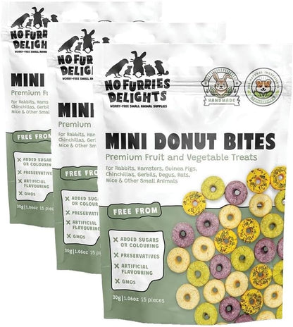 100% All Natural Treat for Rabbit Hamster Guinea Pig Chinchilla Pet Rat Mice, 15pcs Mini Donuts Variety Pack (30g) (Pack of 3)