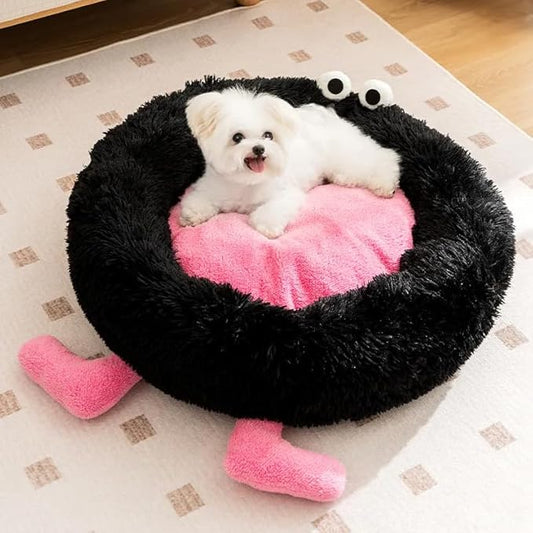 Calming Dog Cat Bed, Anti-Anxiety Donut Warming Cozy Soft Round Bed, Machine Washable, Fluffy Faux Fur Plush Cushion Bed for Small Medium Dogs and Cats