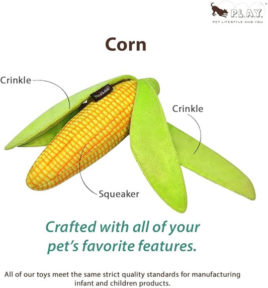P.L.A.Y. Cute Plush Dog Toys - Vegetable Themed Durable Squeaker Crinkle Plush Chew Toy, Great for Puppies & Small, Medium, Large Dogs - Machine Washable, Recycled Materials (Farm Fresh Corn)