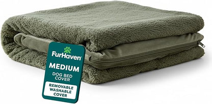 Furhaven Replacement Dog Bed Cover Faux Fur & Velvet Sofa-Style, Machine Washable - Dark Sage, Medium