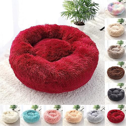Cat Beds for Indoor Cats - Cat Bed Washable 24 inches, Dog Beds for Small Medium Dogs, Anti Anxiety Round Fluffy Plush Faux Fur Cat Bed, Thick Bottom (Red, Large 24" L x 24" W)