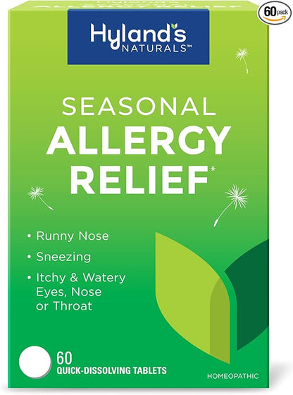 Hyland's Indoor and Outdoor, Non Drowsy Seasonal Allergy Relief Pills, For Sneezing, Runny Nose, Itchy and Watery Eyes, Nose or Throat, Safe and Natural, Quick Dissolving Tablets, 60 Count