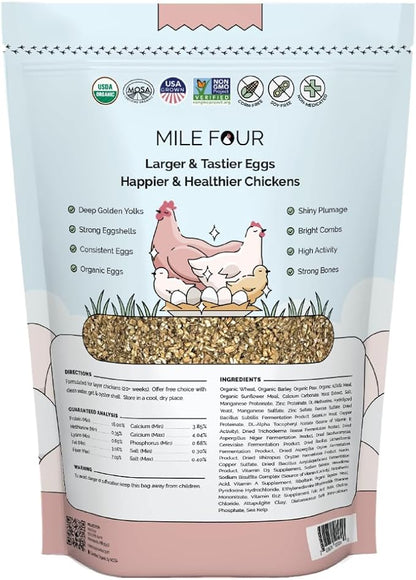 Mile Four Organic Chicken Feed – Layer Mash, Non-GMO, USA Grown, 16% Protein, Corn-Free, Soy-Free, Non-Medicated Feed for Chickens, 2 lbs Sample