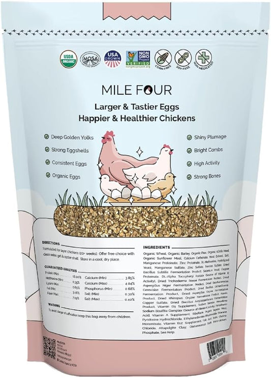 Mile Four Organic Chicken Feed – Layer Mash, Non-GMO, USA Grown, 16% Protein, Corn-Free, Soy-Free, Non-Medicated Feed for Chickens, 2 lbs Sample