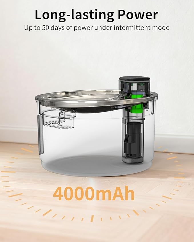 NPET Wireless Cat Fountain Stainless Steel, 1Gallon/135oz Battery Operated Automatic Pet Drinking Fountain - Cordless Dog Water Dispenser with 4 Replacement Filters for Cats Indoor