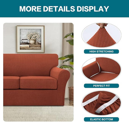 Turquoize 4 Piece Sofa Covers for 3 Cushion Couch Sofa Slipcover Soft Couch Cover for Dogs-Washable Sofa Furniture Covers with 3 Individual Large Cushion Covers (XL Sofa, Rust)