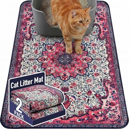 Hompet Cat Litter Mat 2 Pack, 24x36 Large Machine Washable Trapping Mats for Cats, Super Absorbent & Urine-Proof Cat Litter Box Mat for Floor, Waterproof & Non Slip Kitty Litter Rug