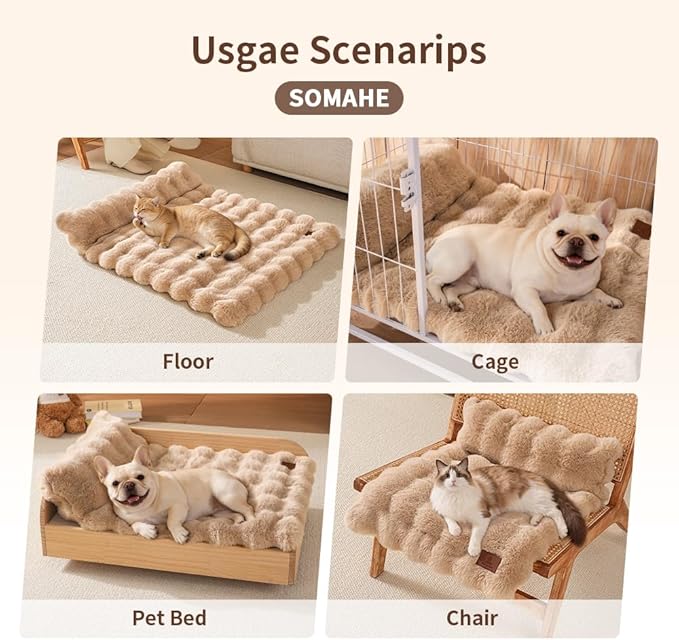 Plush Faux Fur Pet Bed Mat with Non-Slip Bottom, Self-Warming Cat Bed, Washable Pet Bed with Pillow for Cats & Medium Dogs, Machine Washable, 27x20 Inch, Coffee