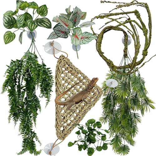 Reptile Plants for Bearded Dragon Tank Accessories, Terrarium Plant Artificial Decor for Snake Cage, Fake Plant for Leopard Gecko Habitat, Lizard Chameleon Ball Pythons (Group EN)