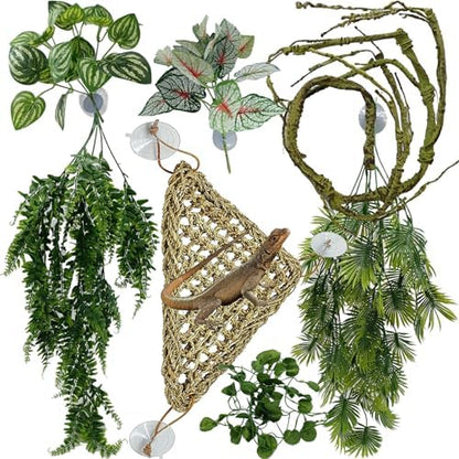 Reptile Plants for Bearded Dragon Tank Accessories, Terrarium Plant Artificial Decor for Snake Cage, Fake Plant for Leopard Gecko Habitat, Lizard Chameleon Ball Pythons (Group EN)