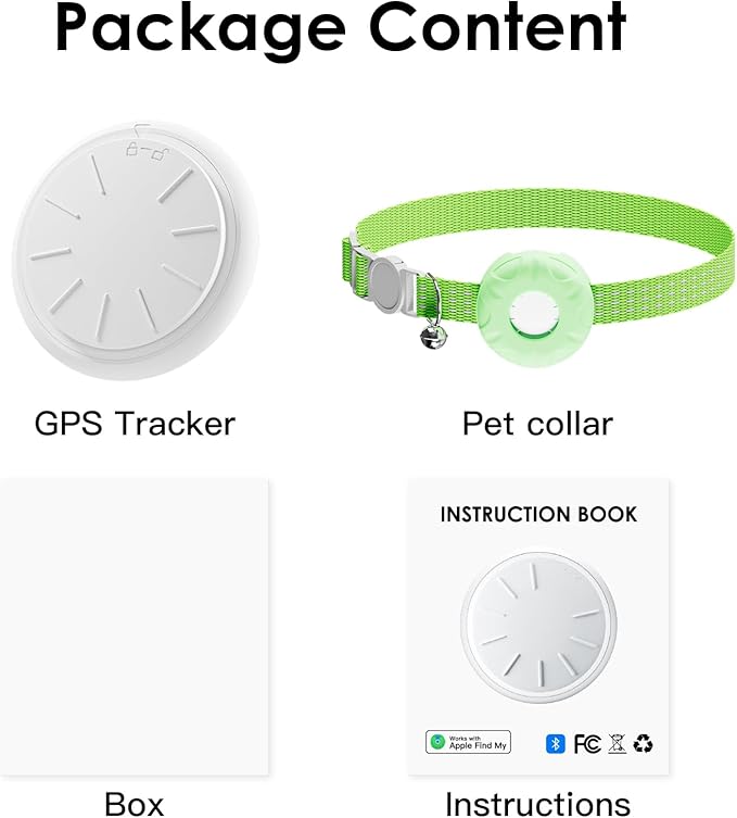 Cat Tracker, GPS Tracker Compatible with Apple Find My App(Only iOS), Waterproof Cat Tracker Collar with Bell and Safety Elastic Buckle, No Monthly Fee, Territory & Location History (Green)