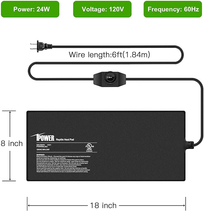iPower 8X18 Inch 24 Watts Reptile Heating Mat with Adjustable Temperature Controller Under Tank Warmer Terrarium Heat Pad for Reptiles and Amphibians, for 50-60 Gallon Tank, 2 Pack