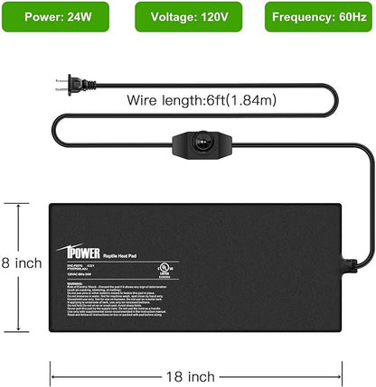 iPower 8X18 Inch 24 Watts Reptile Heating Mat with Adjustable Temperature Controller Under Tank Warmer Terrarium Heat Pad for Reptiles and Amphibians, for 50-60 Gallon Tank, 2 Pack