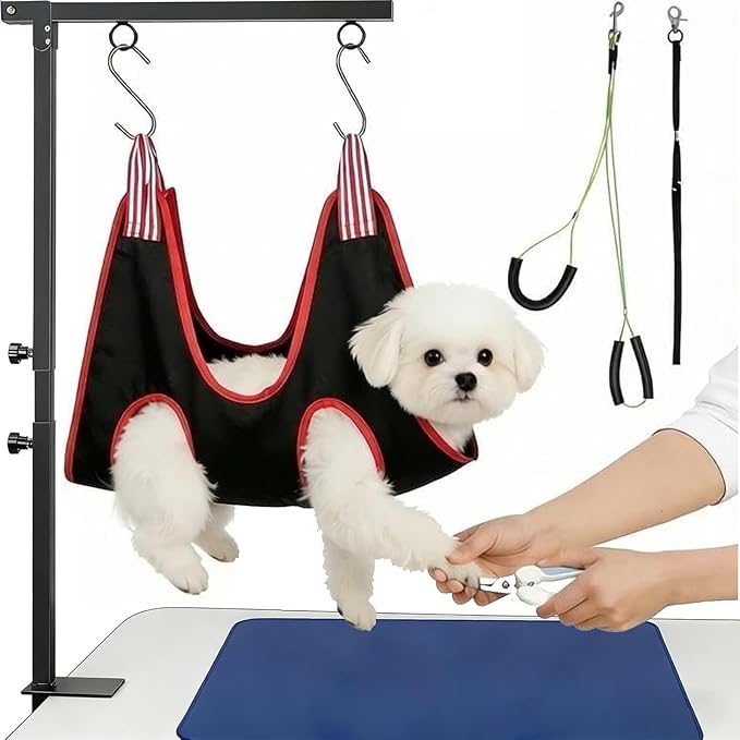 Dog Grooming Arm Kit with Hammock Sling for Small to Medium Dogs Up to 40lbs, Anti-Shake Pet Grooming Helper for At-Home Nail Trimming, Adjustable Arm with Soft Harness