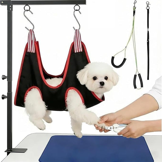 Dog Grooming Arm Kit with Hammock Sling for Small to Medium Dogs Up to 40lbs, Anti-Shake Pet Grooming Helper for At-Home Nail Trimming, Adjustable Arm with Soft Harness