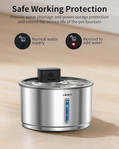 NPET Wireless Cat Water Fountain Stainless Steel, 1 Gallon/135oz Battery Operated Automatic Pet Drinking Fountain - Cordless Dog Water Dispenser with Water Level Window for Cats Indoor