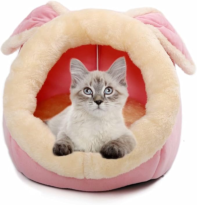 Cat Beds for Indoor Cats - Small Dog Bed with Anti-Slip Bottom, Rabbit-Shaped Cat/Small Dog Cave with Hanging Toy, Puppy Bed with Removable Cotton Pad, Super Soft Calming Pet Sofa Bed (Pink Medium)
