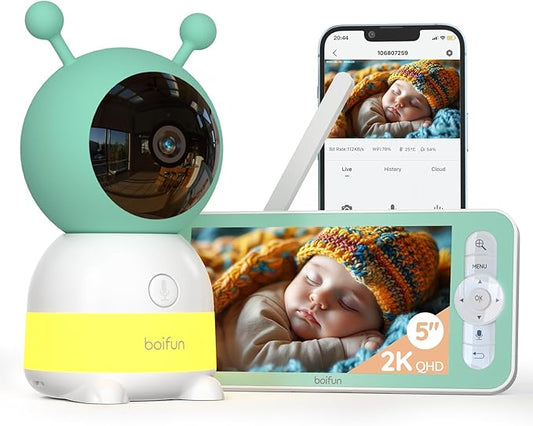 BOIFUN 2026 Upgraded 2K WiFi Baby Monitor with Camera and Audio, Smart Night Light, APP & 5" Split-Screen Control, Motion/Cries/Sound/Custom Alarm Zone Detect, Auto Tracking, Humidity Temp Detect