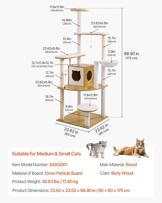VEVOR Large Cat Tree, 68.9 inches Tall, Cat Tower, Multi-Level Cat Condo Furniture Activity Center with Cozy Perches, Sisal Scratching Posts, Hammock, Big Kittens House for Indoor Cats Play & Rest
