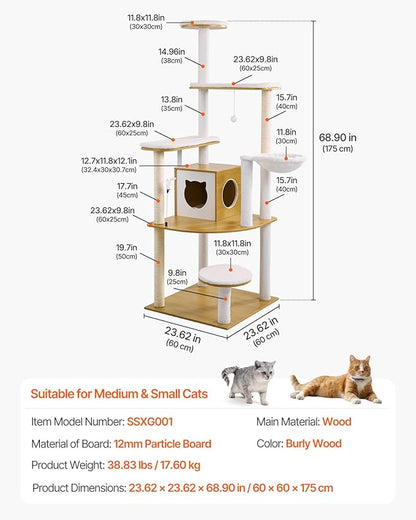 VEVOR Large Cat Tree, 68.9 inches Tall, Cat Tower, Multi-Level Cat Condo Furniture Activity Center with Cozy Perches, Sisal Scratching Posts, Hammock, Big Kittens House for Indoor Cats Play & Rest