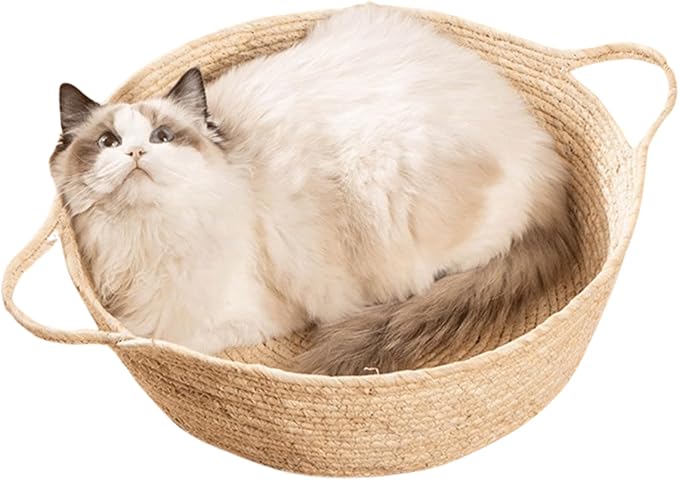 Rattan Cat Litter Pet Bed for Home Pet Supply Pet Sleeping Cat Beds Rattan Cat Dog Kitten Bed Basket Cooling Pet Nest Cat Supply Indoor Cat Cattail Grass to Weave (Corn Flakes,Medium)