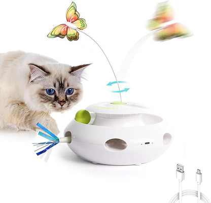 ALL FOR PAWS 3 in 1 Interactive Butterfly Flutter Cat Toy with Rolling Balls, Automatic Kitten Spinner Toys, Popping Feather Toy, Mental Stimulation for Indoor Cats, USB Rechargeable
