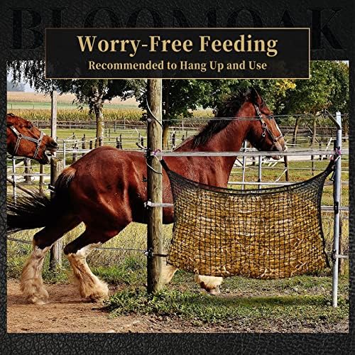 Bloomoak Knotless Slow Feed Hay Net with 4 Carabiner Clips for Horses/Open Top Hanging Hay Bag with Large Capacity for Full Day Feeding/Trailer (1.75" Hole for Slow Feed, L 63 * 40")…