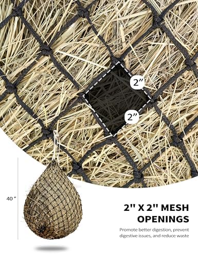Harrison Howard 2 PCS Slow Feed Hay Net for Horses, 40 Inch Hay Bag Holds 1–2 Flakes, 2 Inch Mesh Durable Hanging Feeder for Stable, Pasture & Livestock-Blue & Black