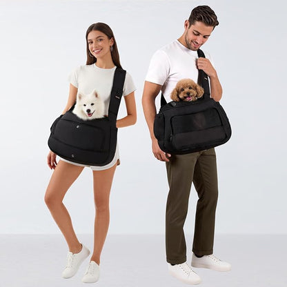 Pet Sling Carrier for Small to Medium Dogs and Cats, Fits 10–20lbs, Adjustable Soft Padded Shoulder Strap Dog Sling Carrier with Storage Pocket for Hands-Free Outdoor Travel & Hiking Black