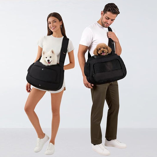 Pet Sling Carrier for Small to Medium Dogs and Cats, Fits 10–20lbs, Adjustable Soft Padded Shoulder Strap Dog Sling Carrier with Storage Pocket for Hands-Free Outdoor Travel & Hiking Black
