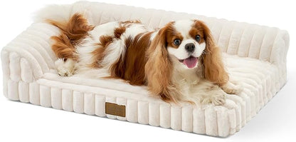 COZY KISS Cute Dog Bed, Faux Rabbit Fur Orthopedic Foam Dog Bed with Sides, Removable Washable Cover & Waterproof Lining, Comfortable Pet Couch for Small Dogs, Cream (30" L x 20" W x 6" Th)