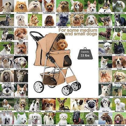 4-Wheel Pet Stroller for Small Dogs and Cats, Up to 33 lb, Beige