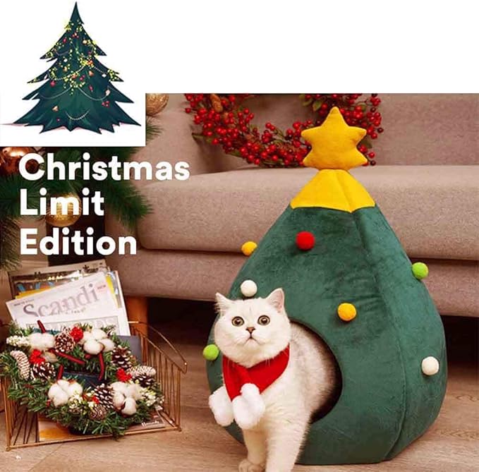Christmas Cat Beds, Christmas Tree Cat Beds House, Portable Indoor Cat Igloo Xmas Bed Cave for Small Dogs and Small Animals, Green