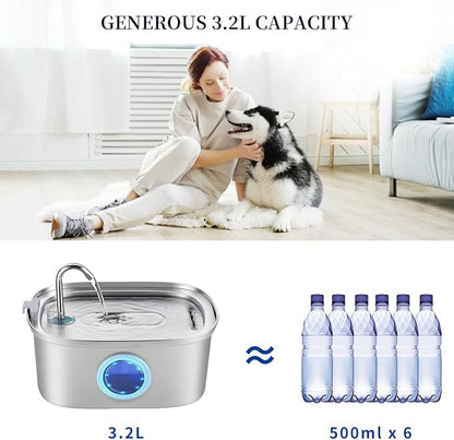 Stainless Steel Cat Water Fountain - 3.2L/108oz Cat Drinking Fountain | Quiet Cat Fountain for Indoor Cats and Small Dogs, Automatic Pet Water Dispenser Keeps Fresh Water, 3 Filters
