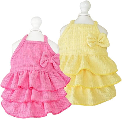 2 Pack Summer Dog Dresses with Bow Girl Puppy Clothes for Small Dog Spring Cat Outfit Sleeveless Pet Tiered Layered Cake Dress for Kitten Chihuahua Pomeranian Yorkie (Pink Yellow, Small)