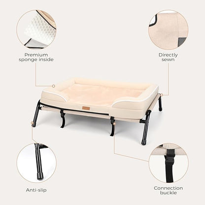 Lekereise Raised Dog Bed for Small Dog 32x25 Inch, Orthopedic Pet Beds with Waterproof Egg Crate Foam, Removable Dogs Couch Bed for Indoor Outdoor, 2-in-1 Design, Load 40lb, Beige