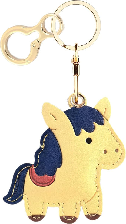 Leather Keychain Holder Case Compatible with AirTag,Cute Protective Cover with Keyring,Anti-Scratch Finder GPS Tracker Case for Wallet Keys,Bag,Pets,Backpack(Yellow Horse)