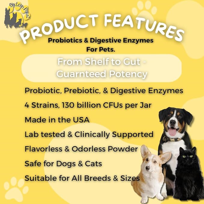 Dog & Cat Probiotics, Prebiotics, & Digestive Enzymes – Flavorless Powder for Gut Health, Allergies, Itchy Skin, Gas & Diarrhea – Organic, Vet-Approved – 65g Bottle (Up to 65 Servings)