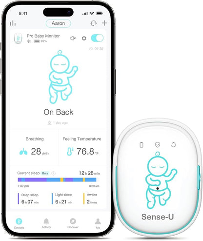 Sense-U Pro Baby Breathing Movement & Sleep Position Monitor with Gentle Vibration Alerts, Temperature Notifications, Audible & App Alerts, Sleep Analysis, Long Battery Life, Easy Clip-On Design