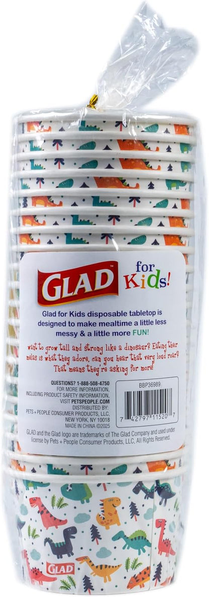 Glad for Kids Mini Dinosaurs Paper Snack Bowls, Colorful Heavy Duty Microwave Safe Disposable Bowls for Soup, Ice Cream, and Snacks, Lids Not Included, Multicolor, Party Pack, 6 Oz, 20 Count - 10 Pack