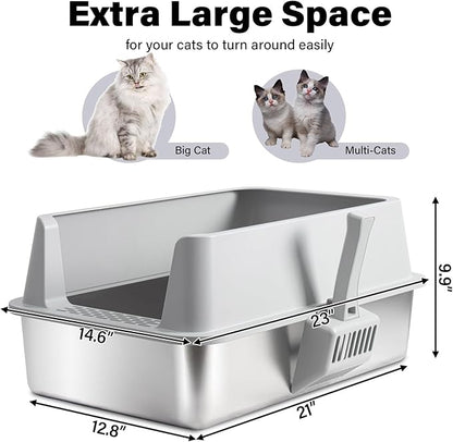 XL Stainless Steel Litter Box with Lid, Metal Cat Litter Box with Covered, Easy Clean Non Stick No Smell