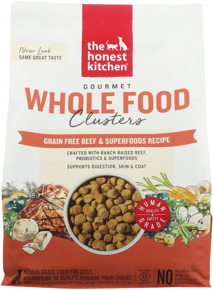 The Honest Kitchen Grain Free Beef & Superfoods Whole Food Clusters, Human Grade Dry Dog Food, Vet-Crafted Nutritional Support for Skin, Coat, Digestion & Overall Wellness, 5 lb Bag