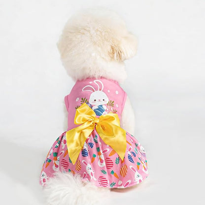 PUPTECK Print Dog Easter Dress Pet Costumes Apparel with Cute Bowtie Puppy Clothes Outfit, Rabbit, S