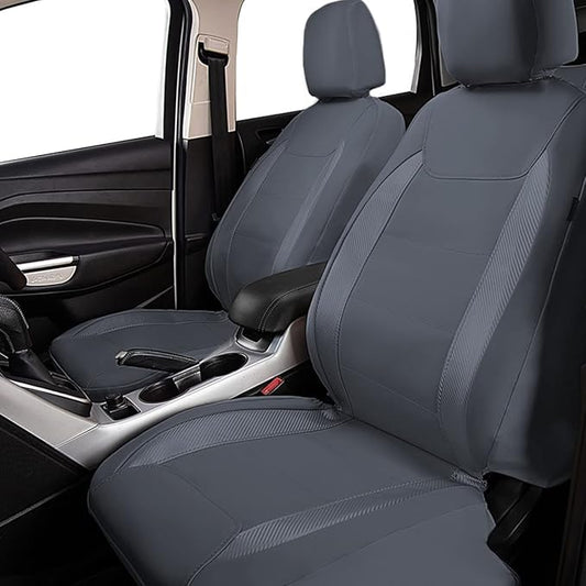 Flying Banner car seat Covers Protects Water Proof Faux Leather Carbon Fiber Front and Rear Bench Split 40/60 50/50 60/40(Gray Gray, Full Set - 8PCS)