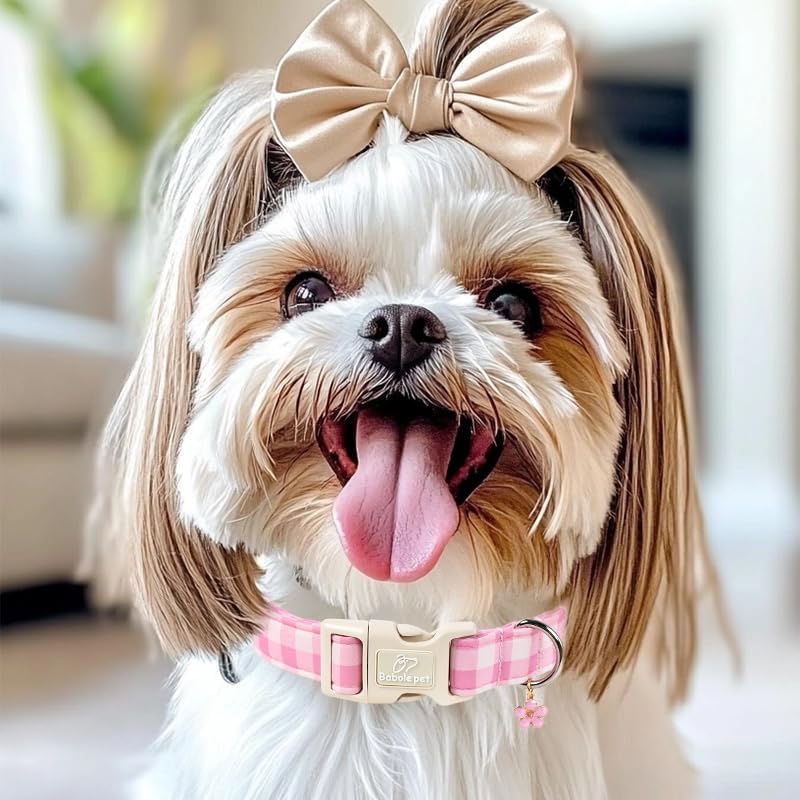 Girl Dog Collar Pink Gingham Dog Collars for Small Dogs - Lightweight Adjustable Spring/Summer Plaid Male Female Dogs Everyday Collar with Safety Buckle S