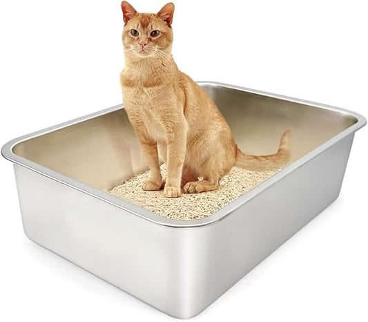 ULIGOTA Stainless Steel Cat Litter Box, Large (24" x 16" x 6"), Metal for Kitty and Rabbits, No Odor Left & Non Stick Surface