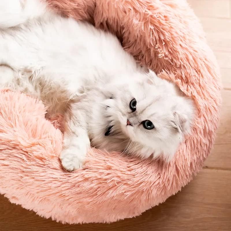 Large Cat Beds for Indoor Cats - Dog Beds for Small Medium Dogs, Anti Anxiety Round Fluffy Plush Faux Fur Pet Bed, Thick Bottom (Pink, Large 24" L x 24" W)